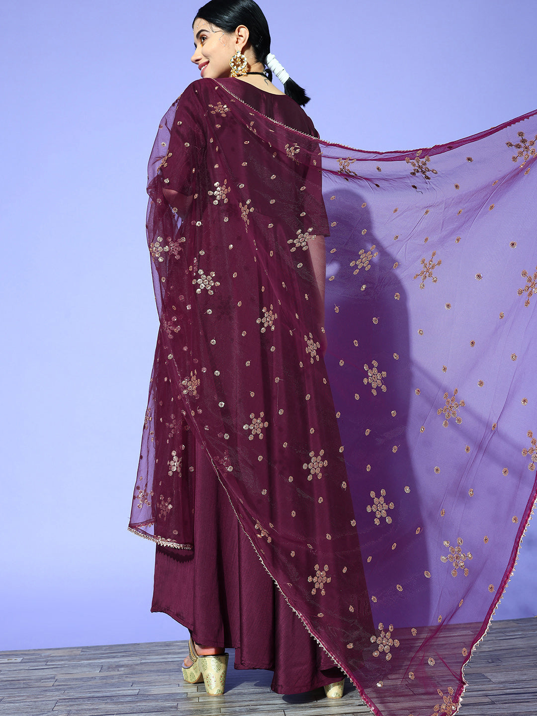 Women Burgundy Kurta with Trousers & With Dupatta